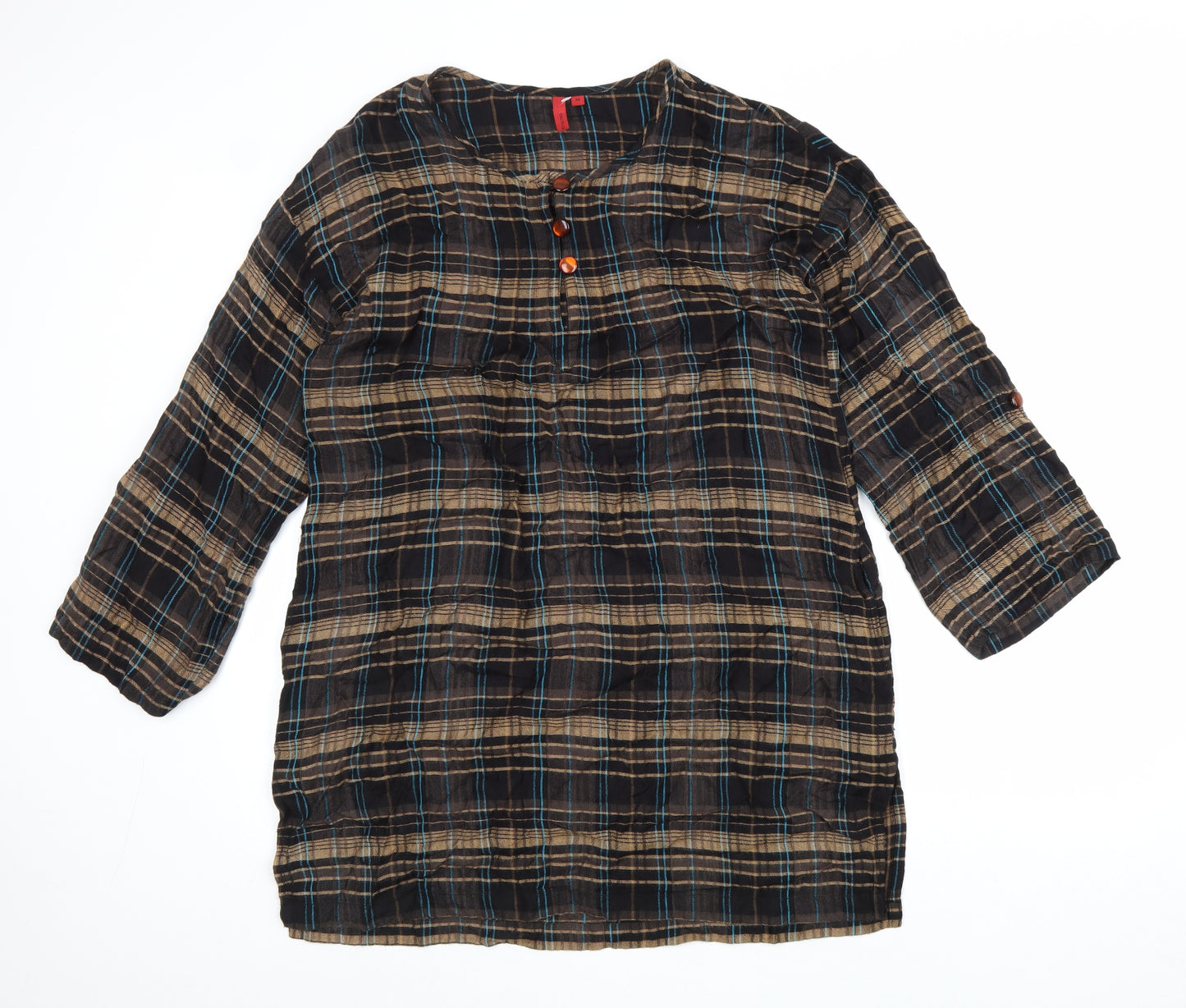 Fransa Womens Brown Plaid Viscose A-Line Size M Round Neck Pullover