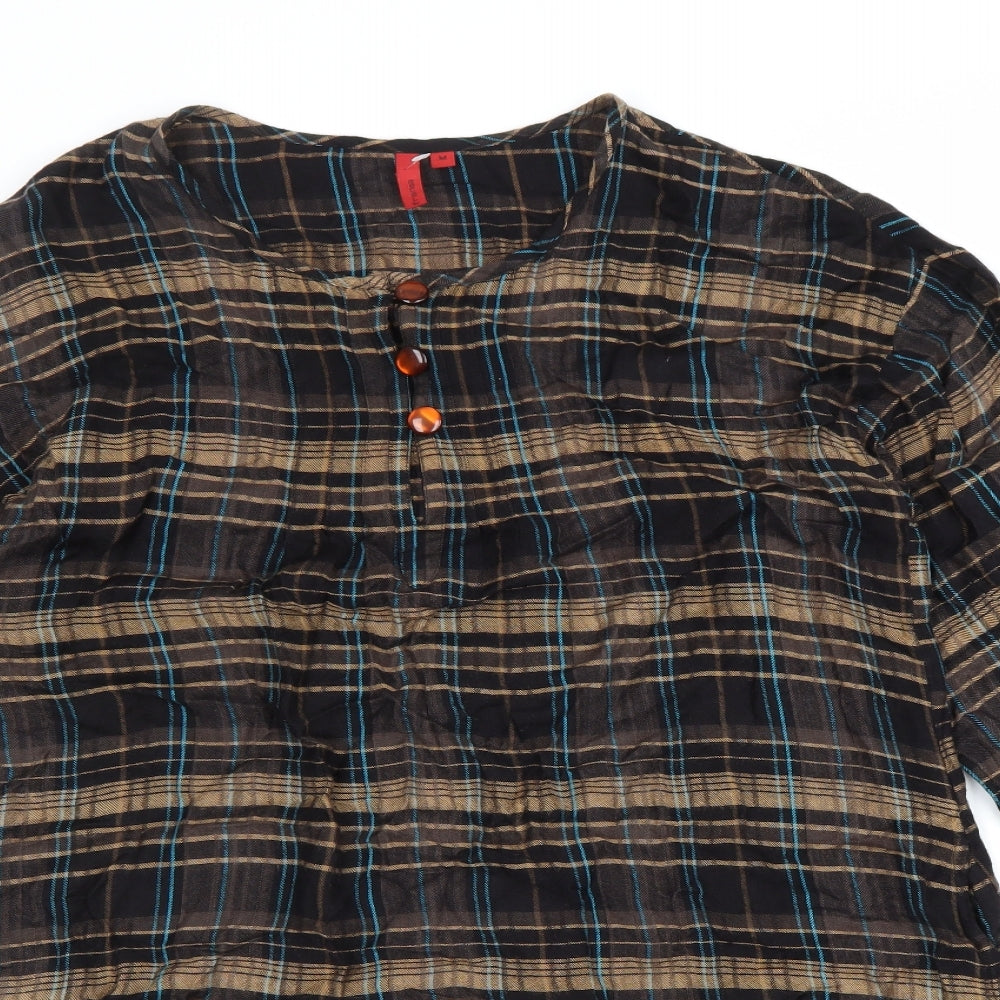 Fransa Womens Brown Plaid Viscose A-Line Size M Round Neck Pullover