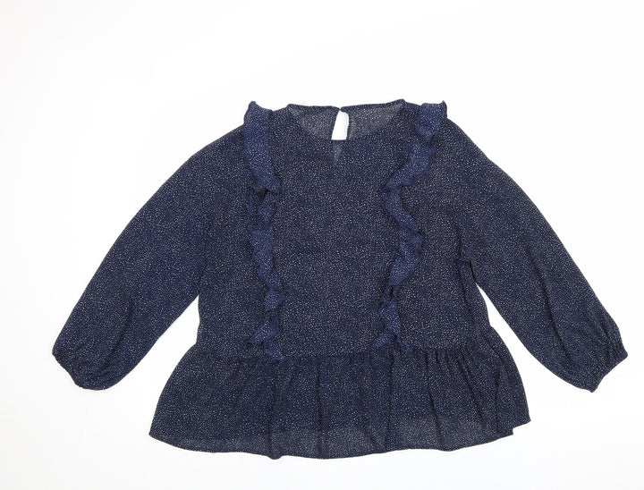 H&M Womens Blue Geometric Polyester Basic Blouse Size 10 Round Neck