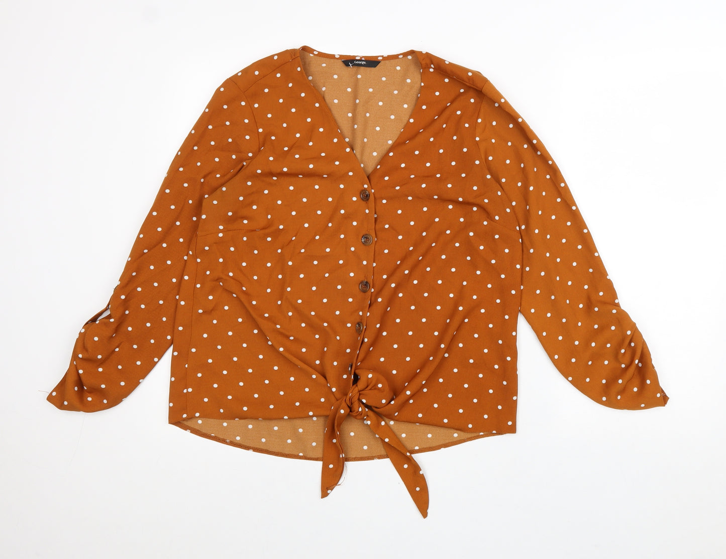 George Womens Brown Polka Dot Polyester Basic Blouse Size 14 V-Neck