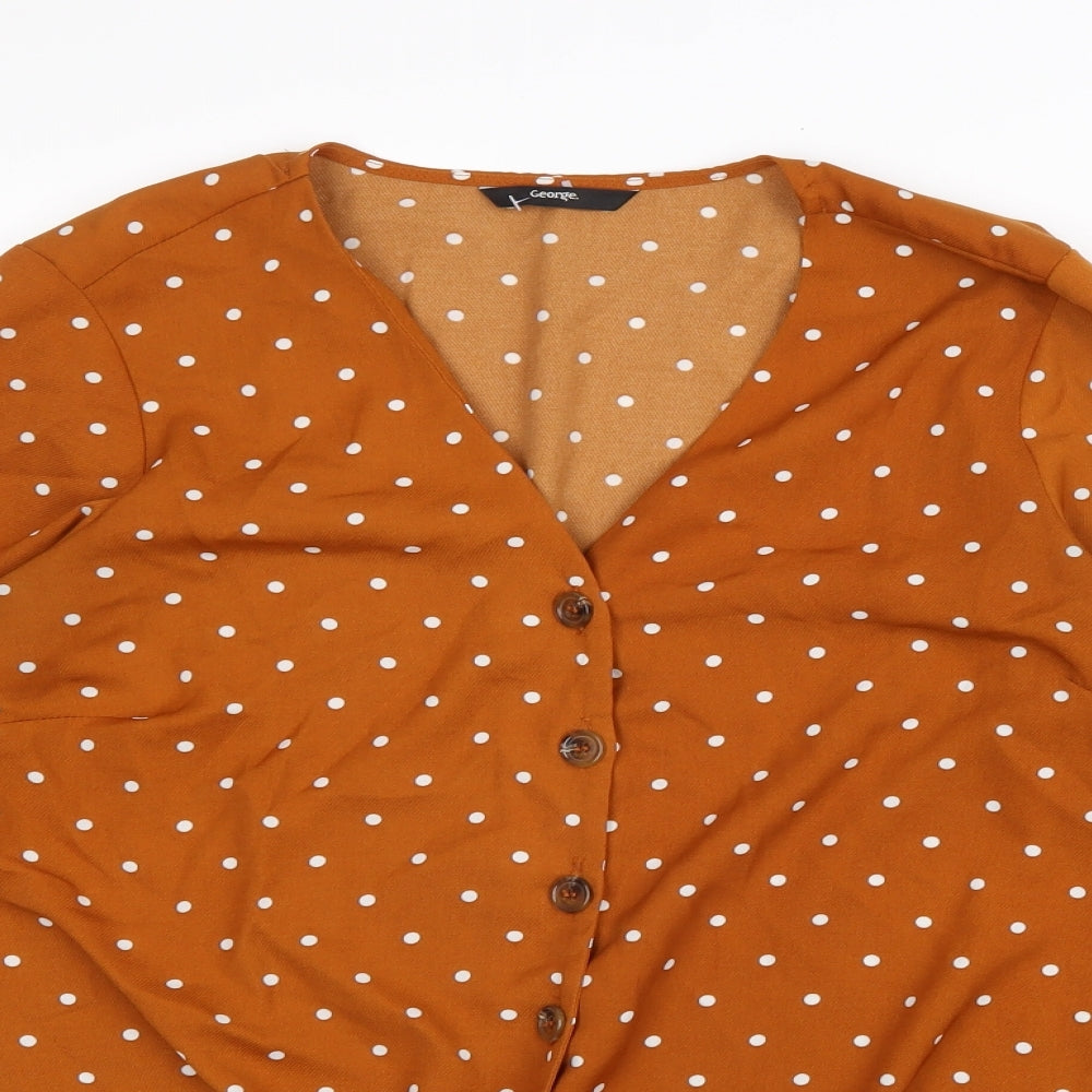 George Womens Brown Polka Dot Polyester Basic Blouse Size 14 V-Neck