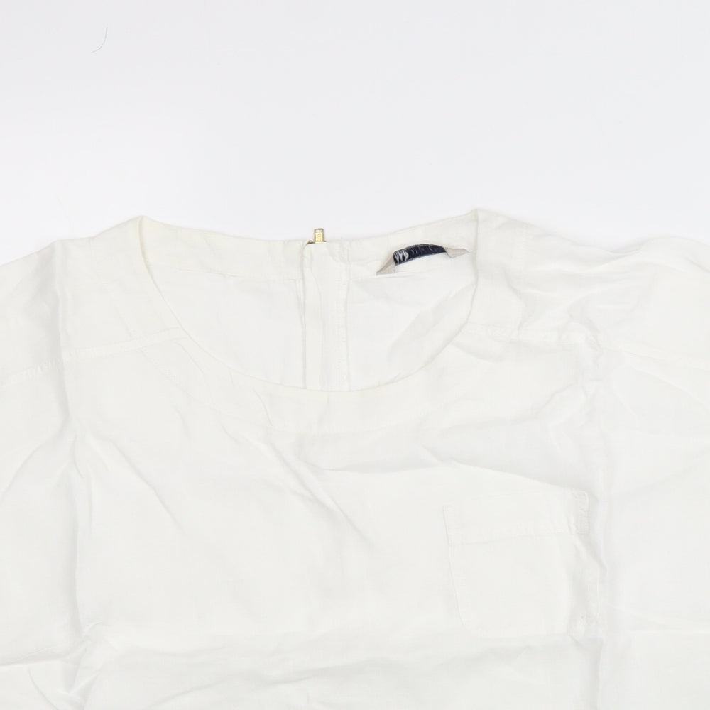 Marks and Spencer Womens White Linen Basic T-Shirt Size 14 Round Neck