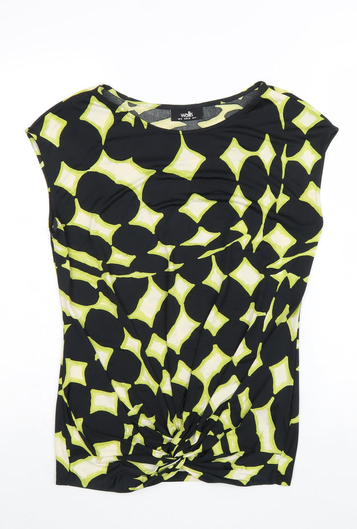 Wallis Womens Black Geometric Polyester Basic Blouse Size 8 Round Neck - Twist Detail