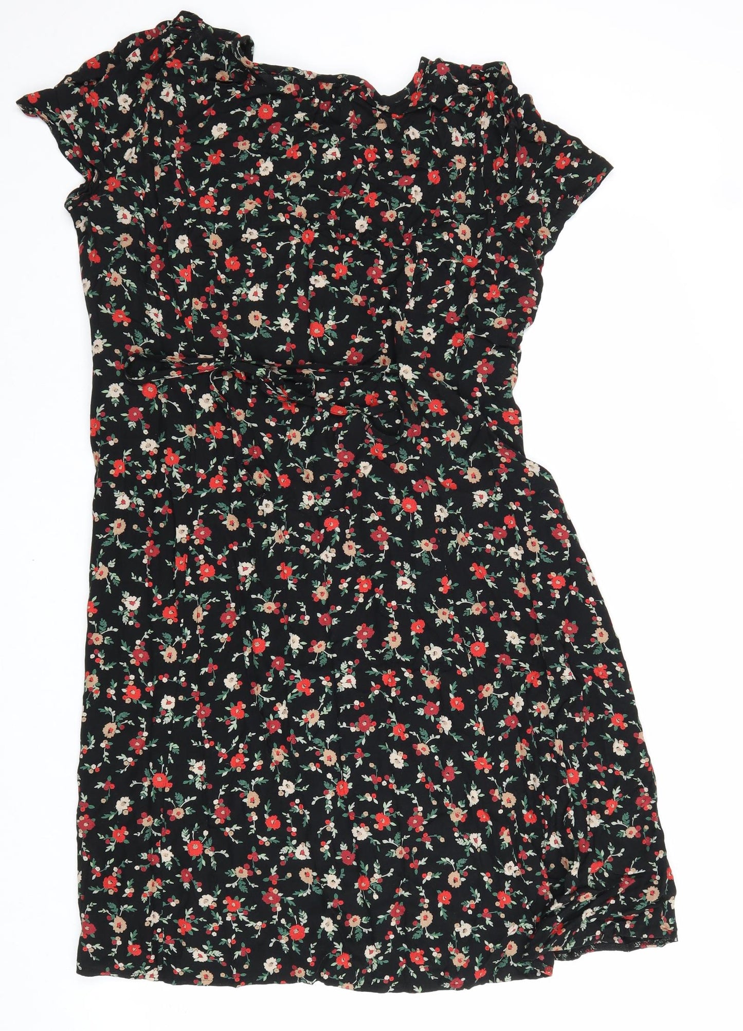 Marks and Spencer Womens Black Floral Viscose A-Line Size 18 Scoop Neck Tie