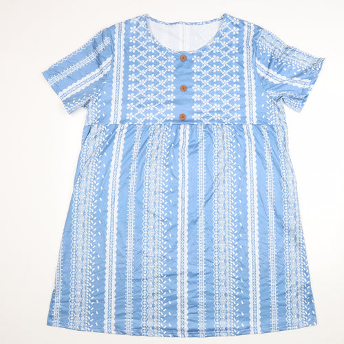 Preworn Womens Blue Geometric Polyester T-Shirt Dress Size 3XL Scoop Neck Pullover