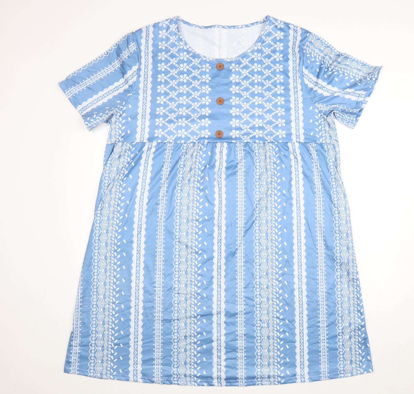 Preworn Womens Blue Geometric Polyester T-Shirt Dress Size 3XL Scoop Neck Pullover