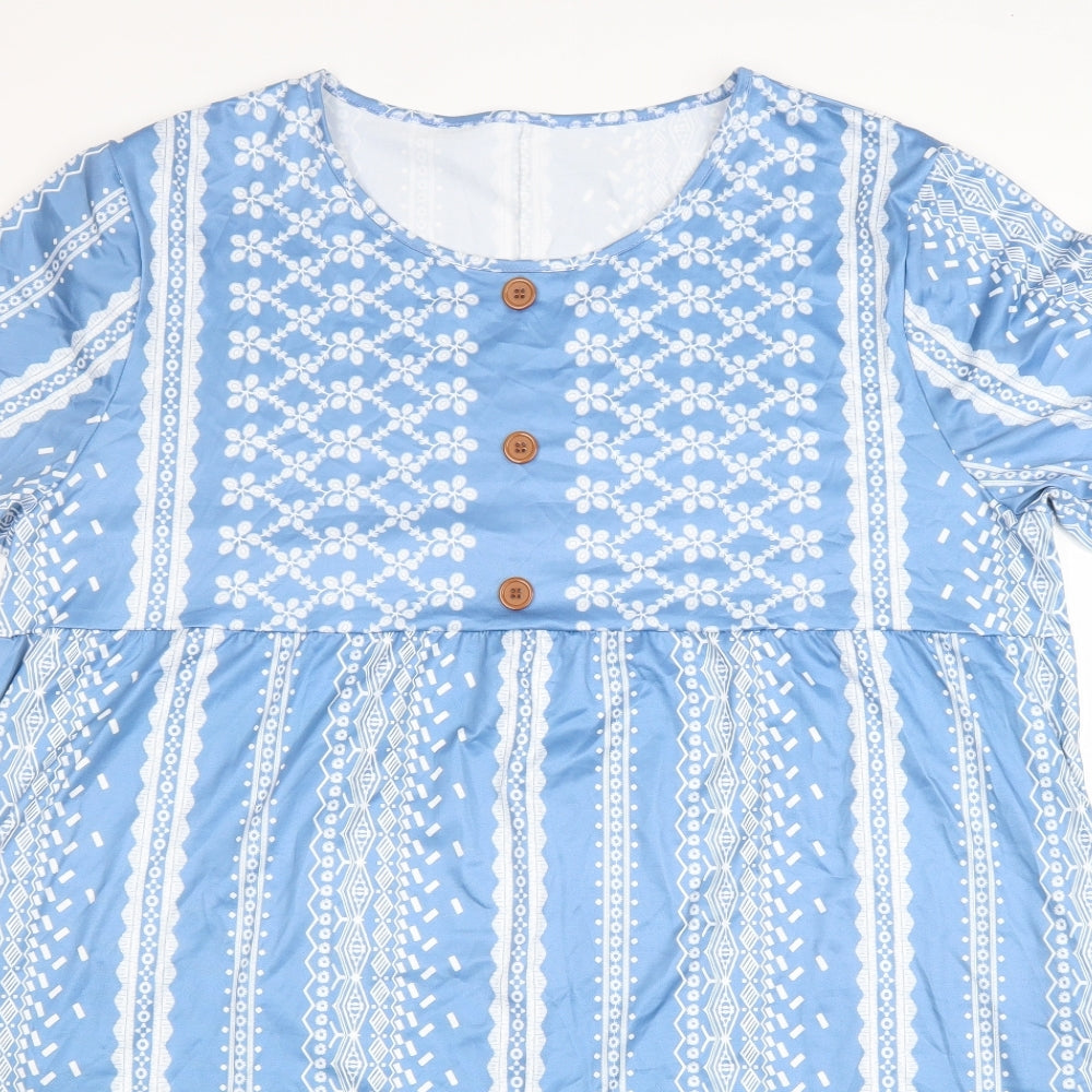 Preworn Womens Blue Geometric Polyester T-Shirt Dress Size 3XL Scoop Neck Pullover