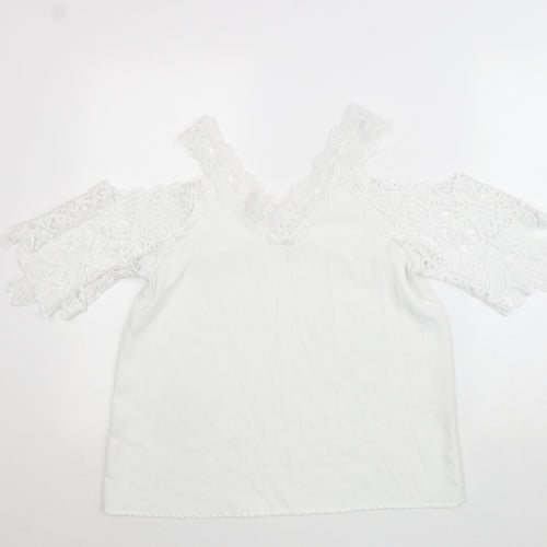 Preworn Womens White Polyester Basic Blouse Size S V-Neck - Cold Shoulder