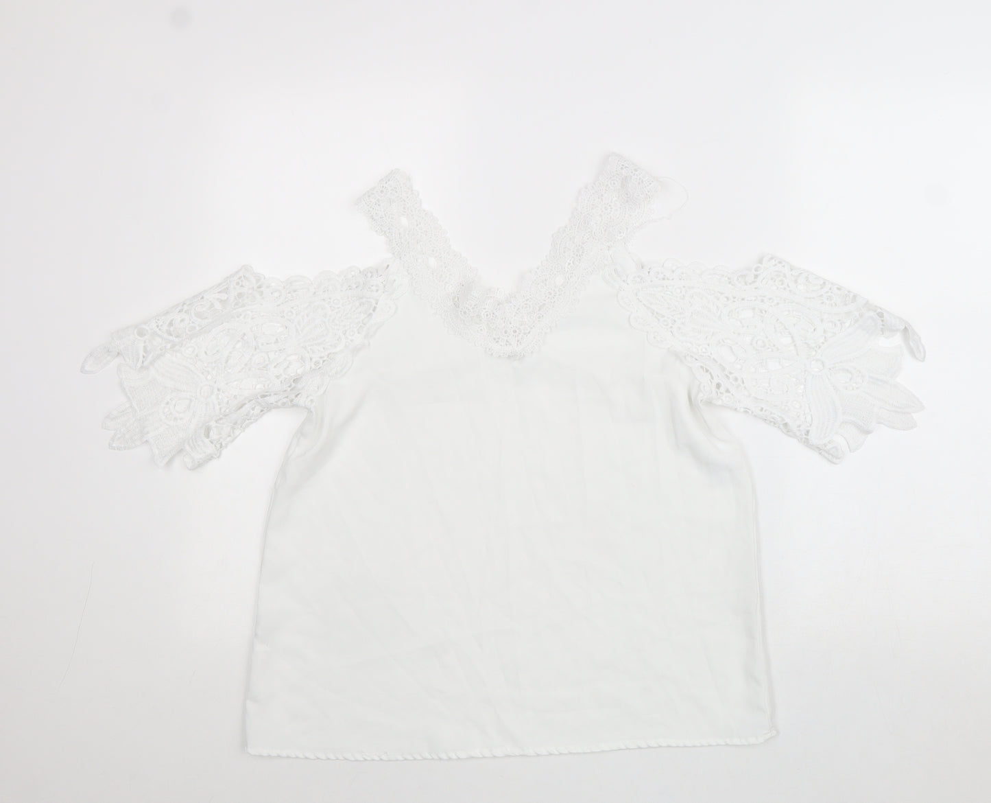 Preworn Womens White Polyester Basic Blouse Size S V-Neck - Cold Shoulder