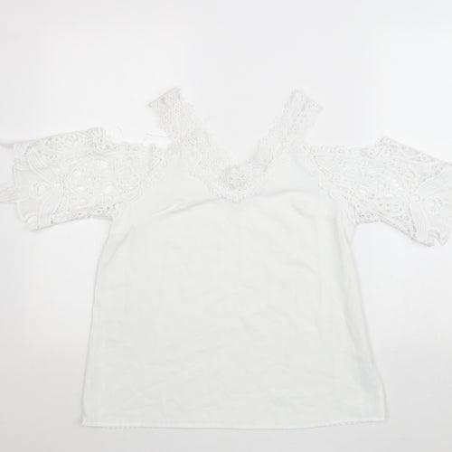 Preworn Womens White Polyester Basic Blouse Size S V-Neck - Cold Shoulder