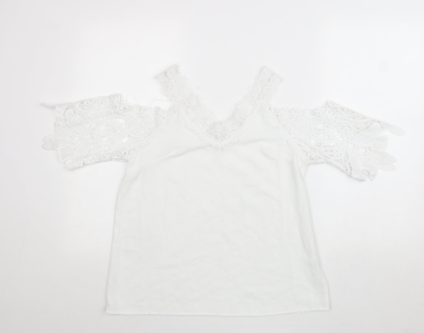 Preworn Womens White Polyester Basic Blouse Size S V-Neck - Cold Shoulder