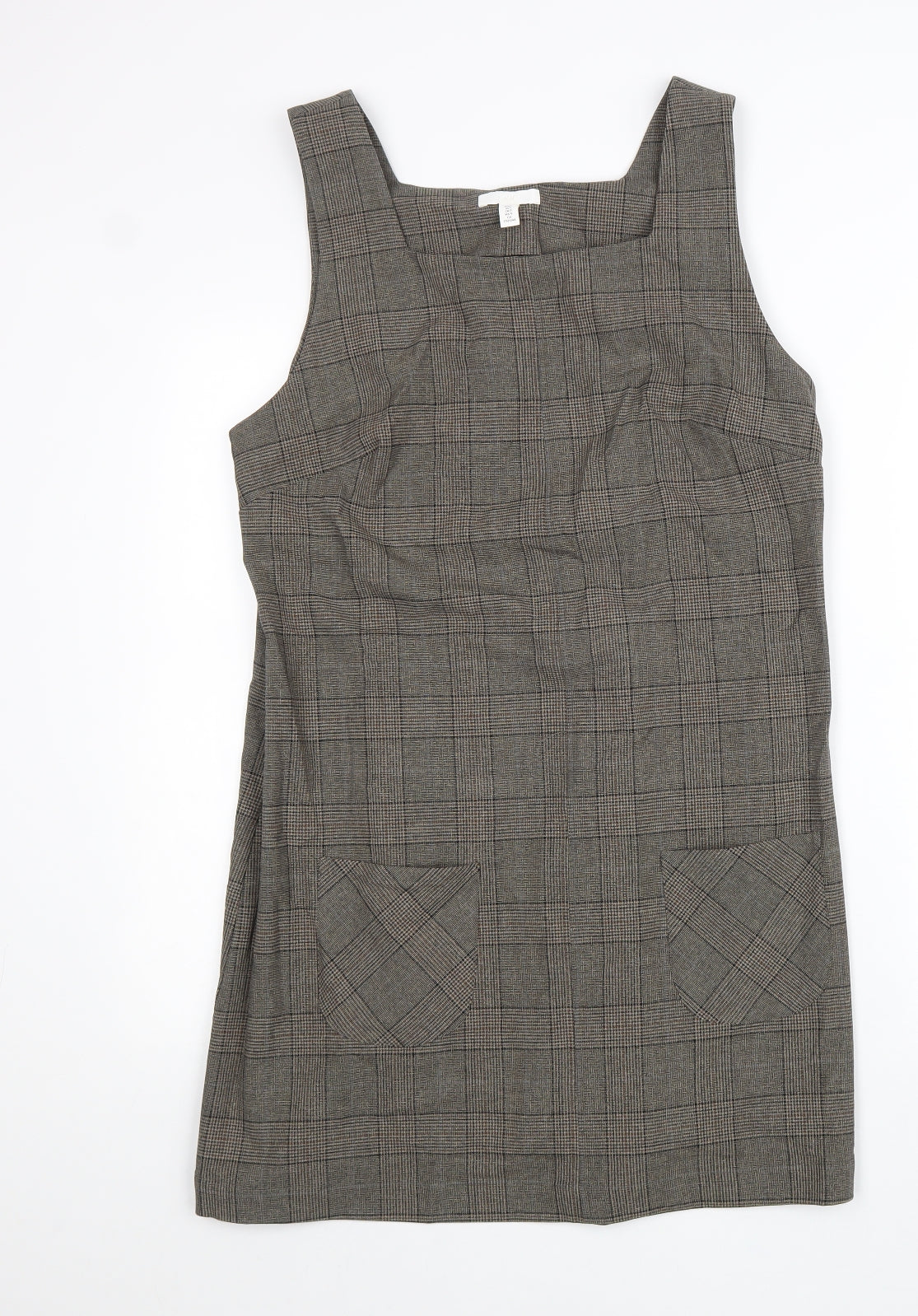 H&M Womens Beige Plaid Polyester Pinafore/Dungaree Dress Size L Square Neck Zip