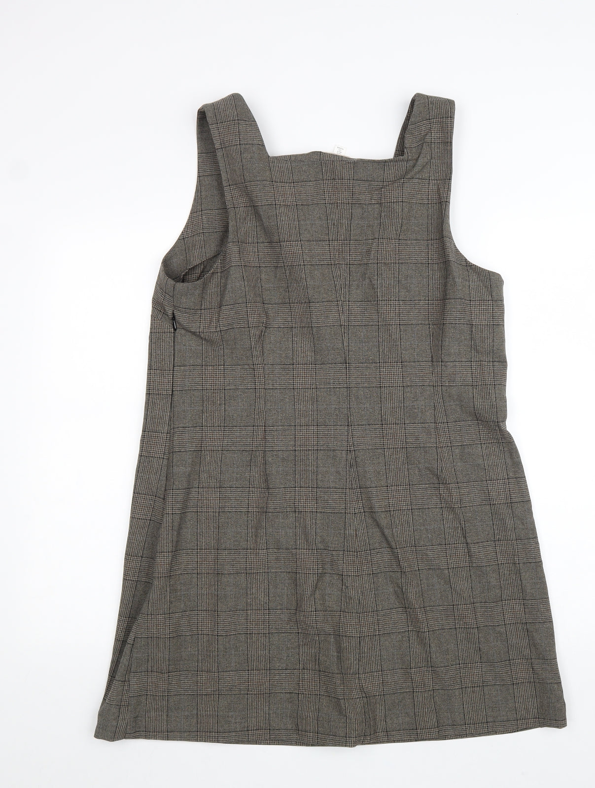 H&M Womens Beige Plaid Polyester Pinafore/Dungaree Dress Size L Square Neck Zip