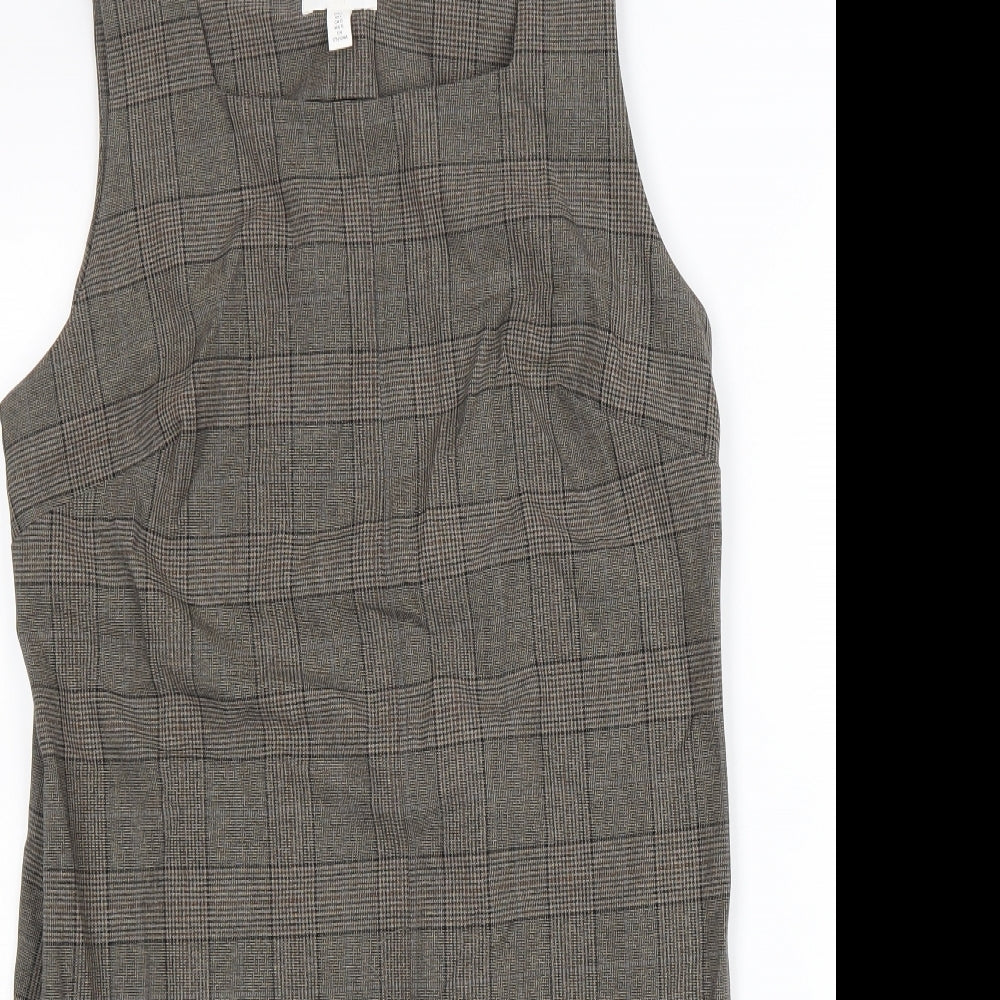 H&M Womens Beige Plaid Polyester Pinafore/Dungaree Dress Size L Square Neck Zip