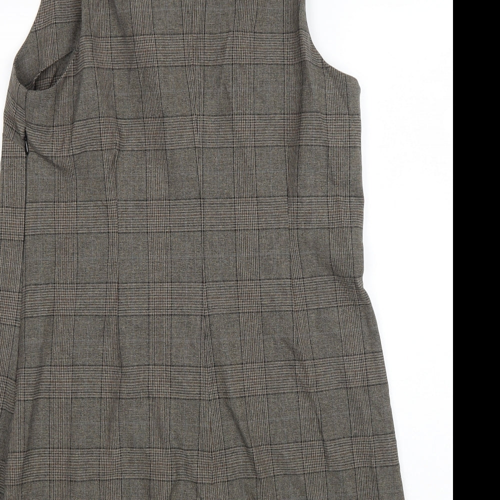 H&M Womens Beige Plaid Polyester Pinafore/Dungaree Dress Size L Square Neck Zip