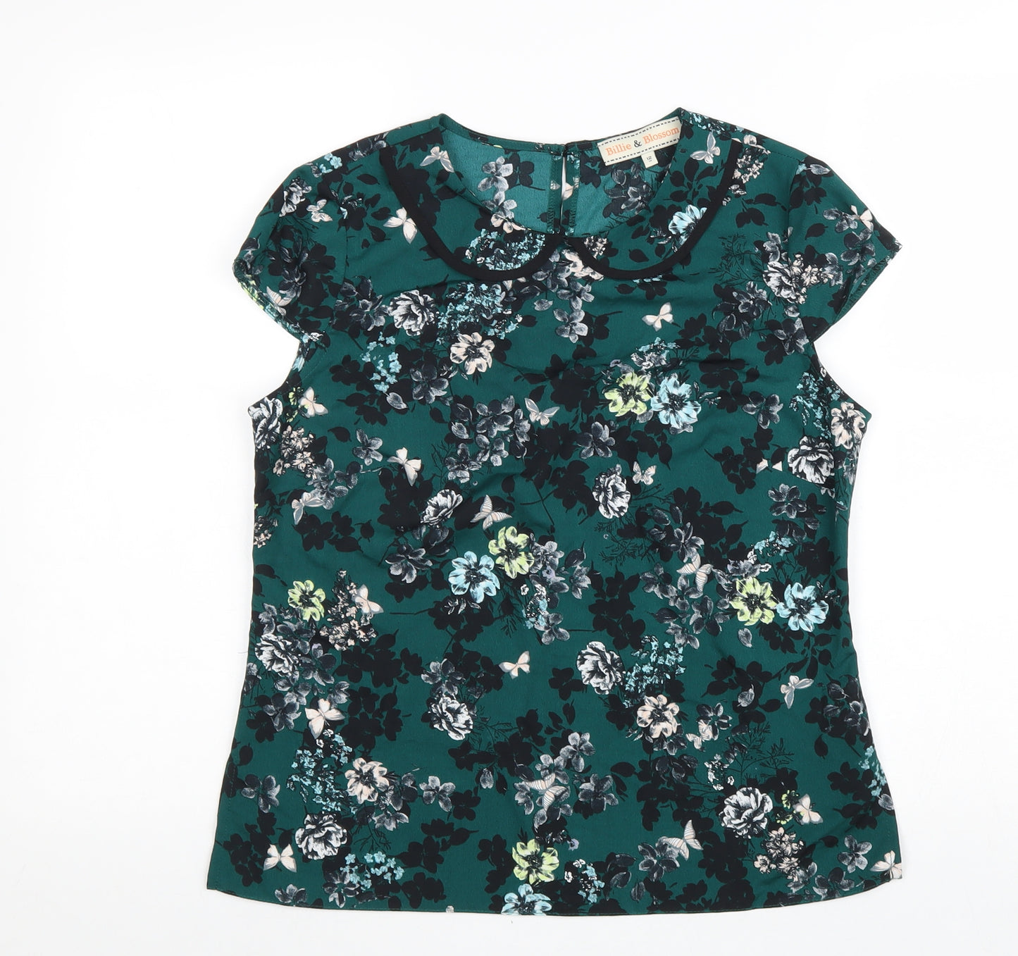 Billie & Blossom Womens Green Floral Polyester Basic Blouse Size 12 Collared - Peter Pan Collar