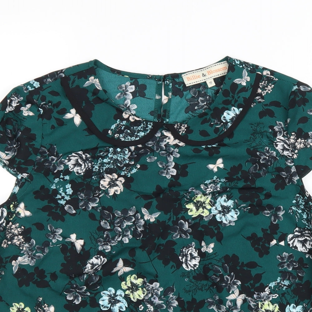 Billie & Blossom Womens Green Floral Polyester Basic Blouse Size 12 Collared - Peter Pan Collar