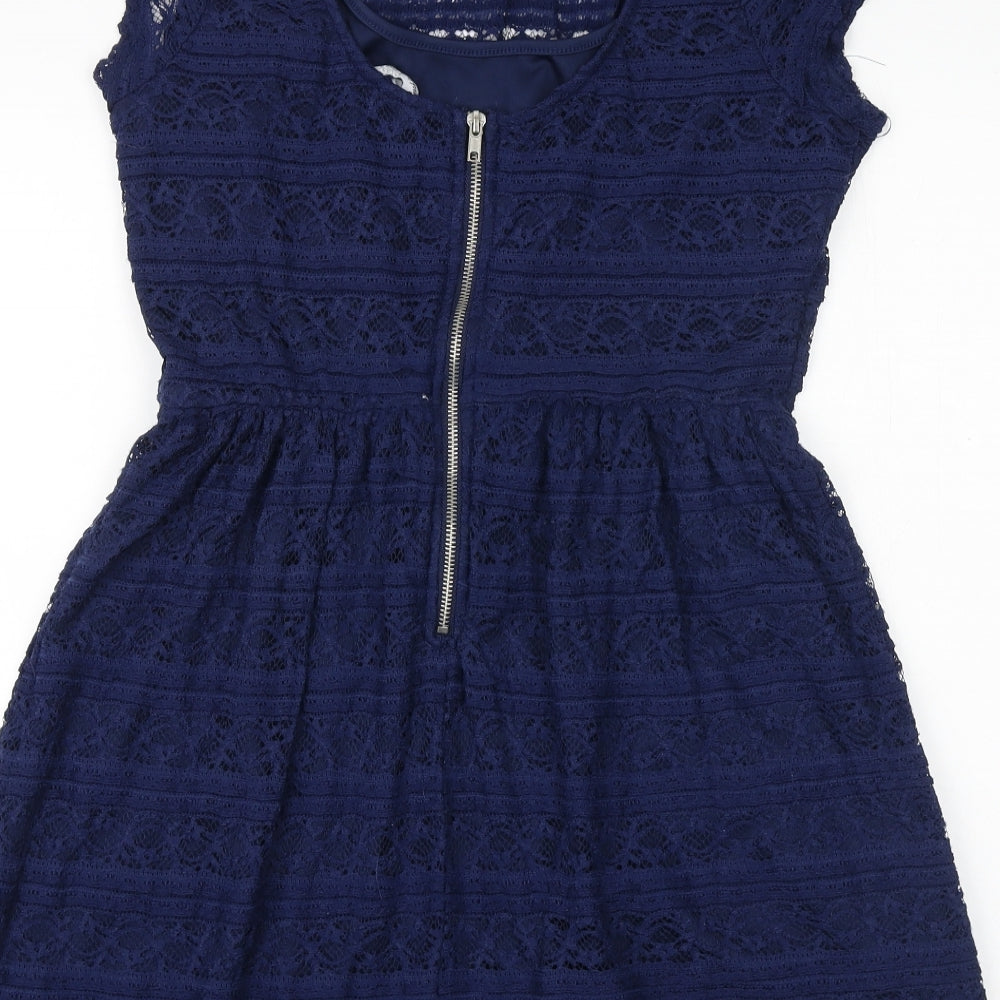 Speechless Womens Blue Floral Polyester Fit & Flare Size XL Scoop Neck Zip