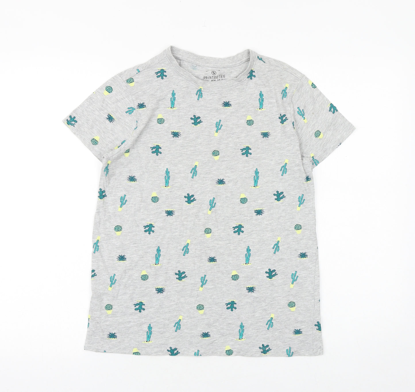 Primark Womens Grey Geometric 100% Cotton Basic T-Shirt Size 10 Round Neck - Cactus Print