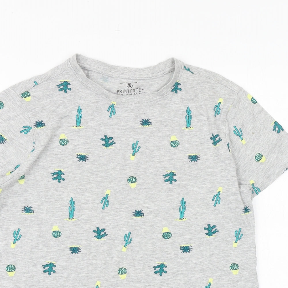 Primark Womens Grey Geometric 100% Cotton Basic T-Shirt Size 10 Round Neck - Cactus Print