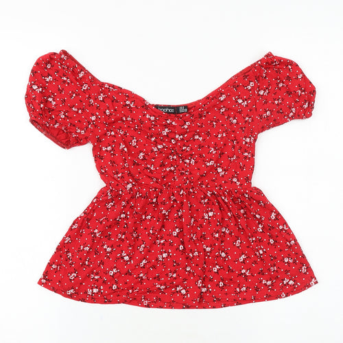 Boohoo Womens Red Floral Viscose Basic Blouse Size 8 Off the Shoulder