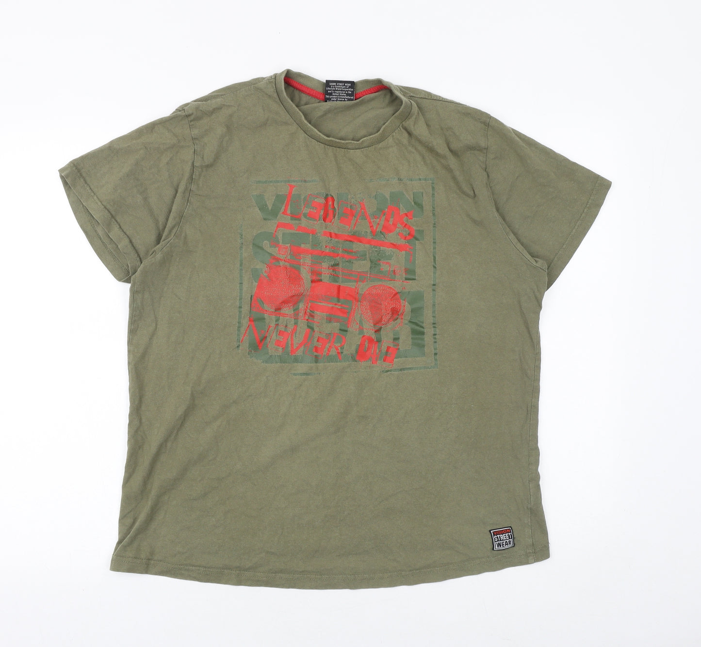 Vision Street Wear Mens Green Cotton T-Shirt Size L Round Neck