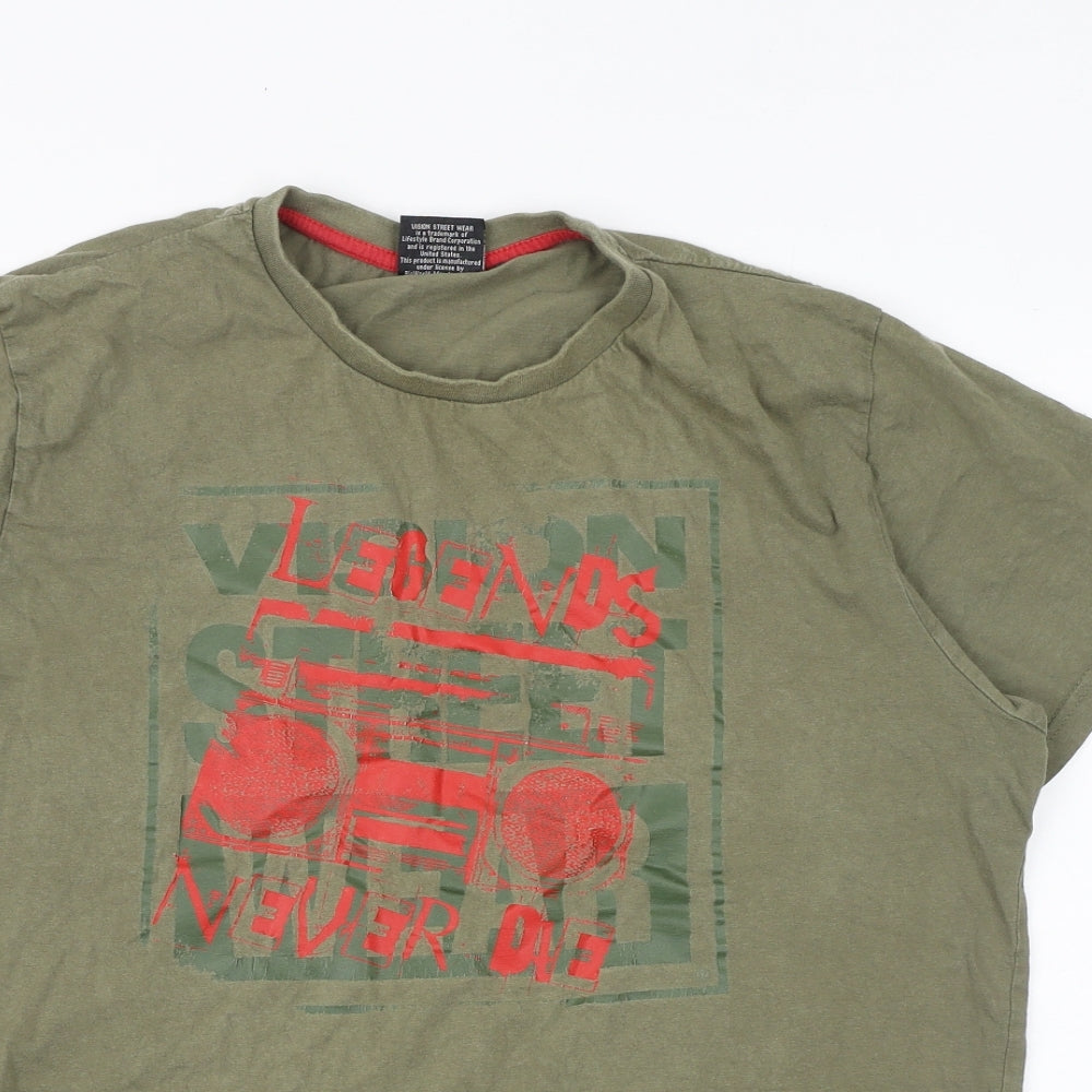 Vision Street Wear Mens Green Cotton T-Shirt Size L Round Neck