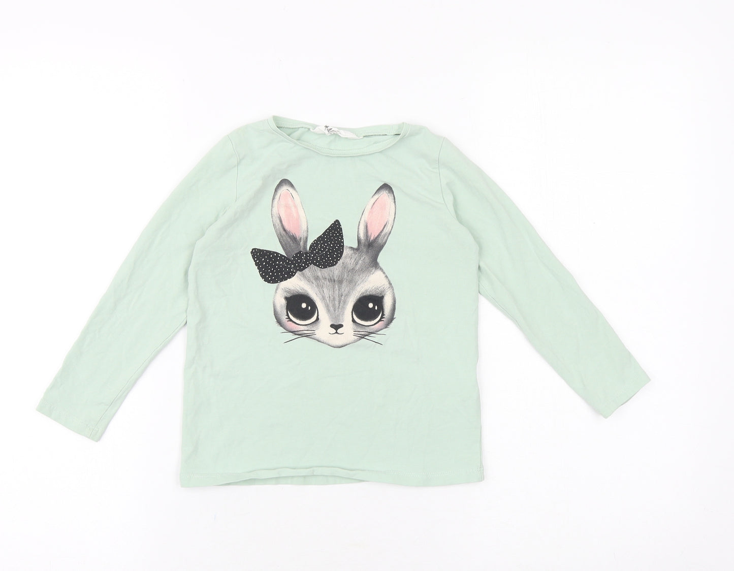 H&M Girls Green 100% Cotton Pullover T-Shirt Size 4-5 Years Boat Neck Pullover - Bunny