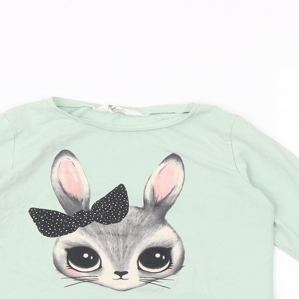H&M Girls Green 100% Cotton Pullover T-Shirt Size 4-5 Years Boat Neck Pullover - Bunny