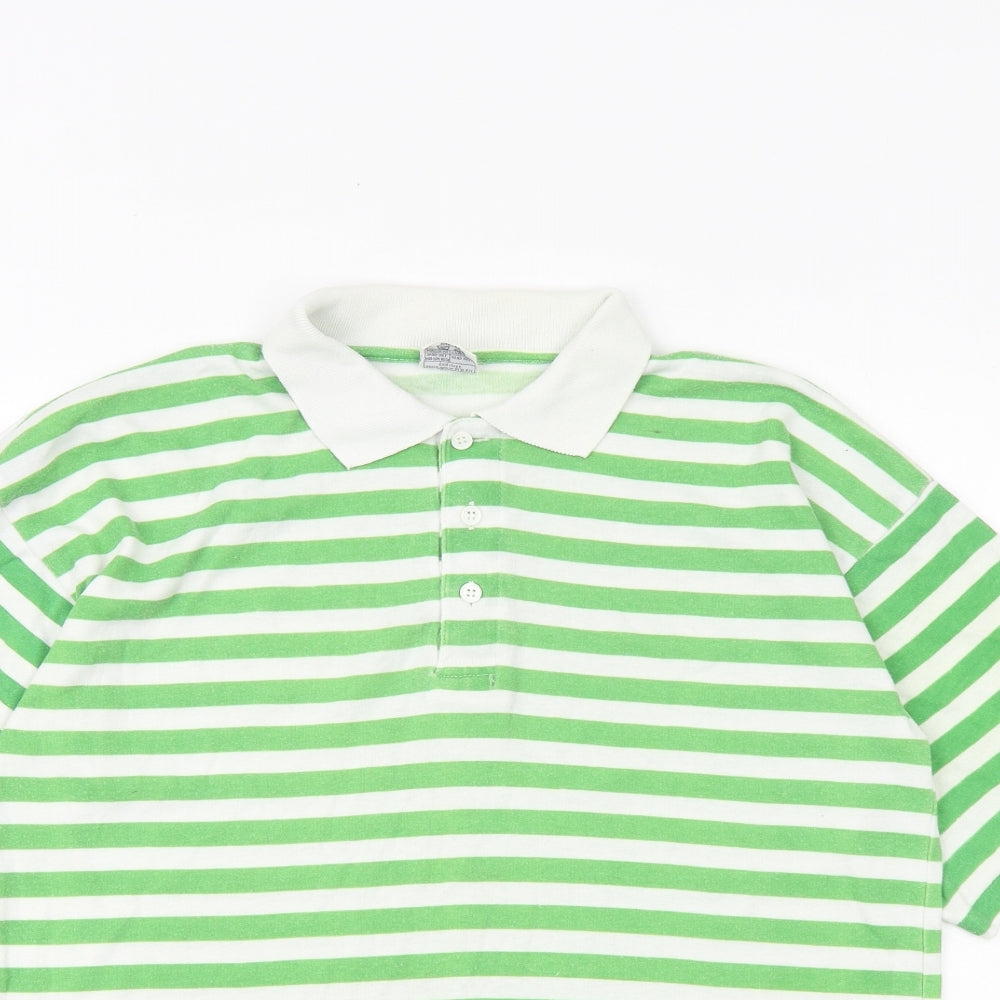 leisure man Mens Green Striped Cotton Polo Size M Collared Button