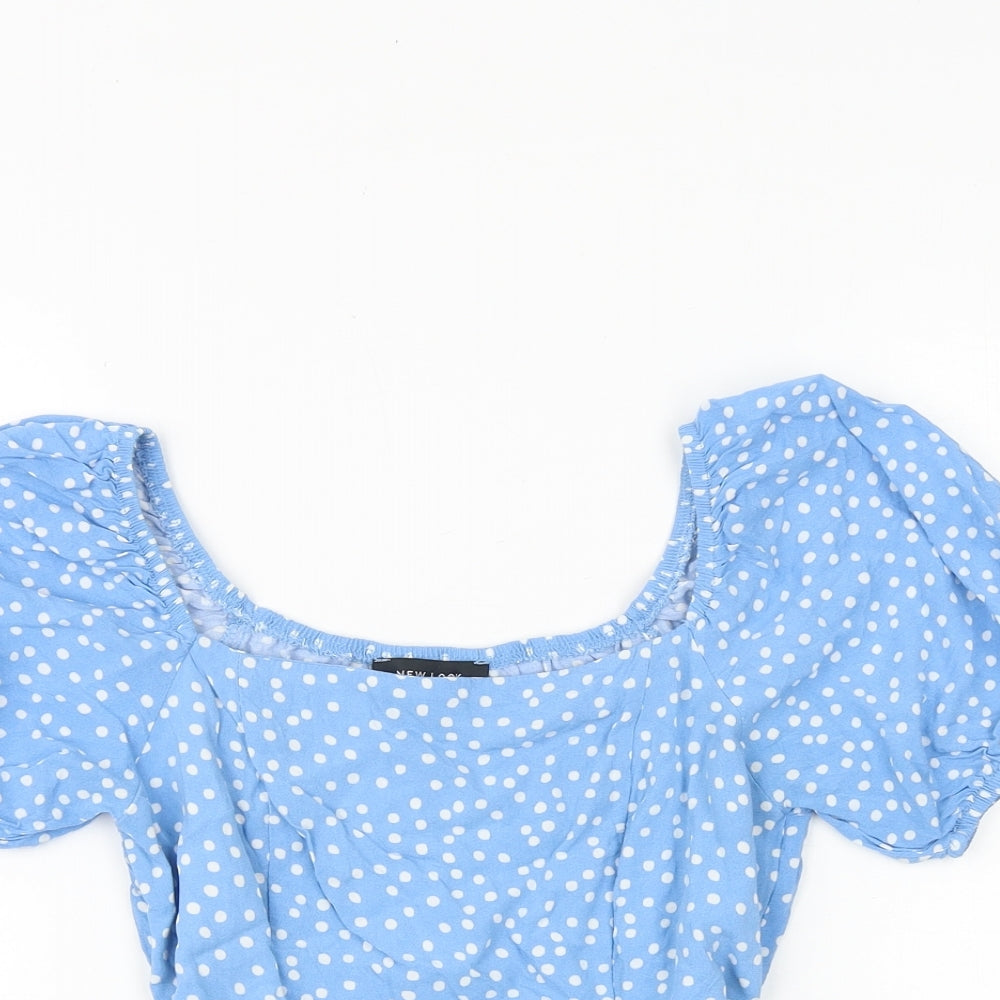 New Look Womens Blue Polka Dot Viscose Basic Blouse Size 8 Round Neck