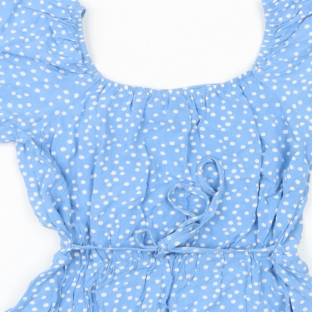 New Look Womens Blue Polka Dot Viscose Basic Blouse Size 8 Round Neck