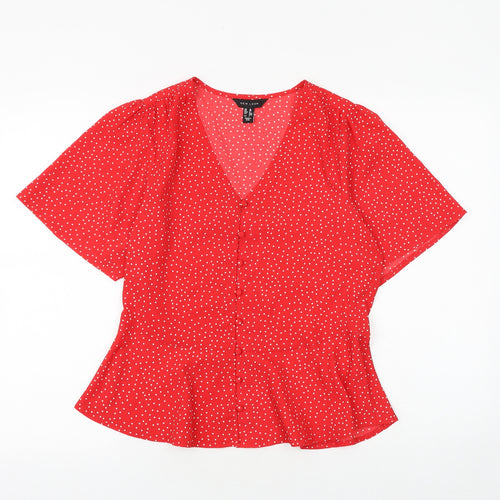 New Look Womens Red Geometric Polyester Basic Blouse Size 10 V-Neck