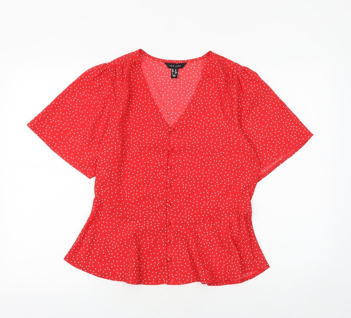 New Look Womens Red Geometric Polyester Basic Blouse Size 10 V-Neck