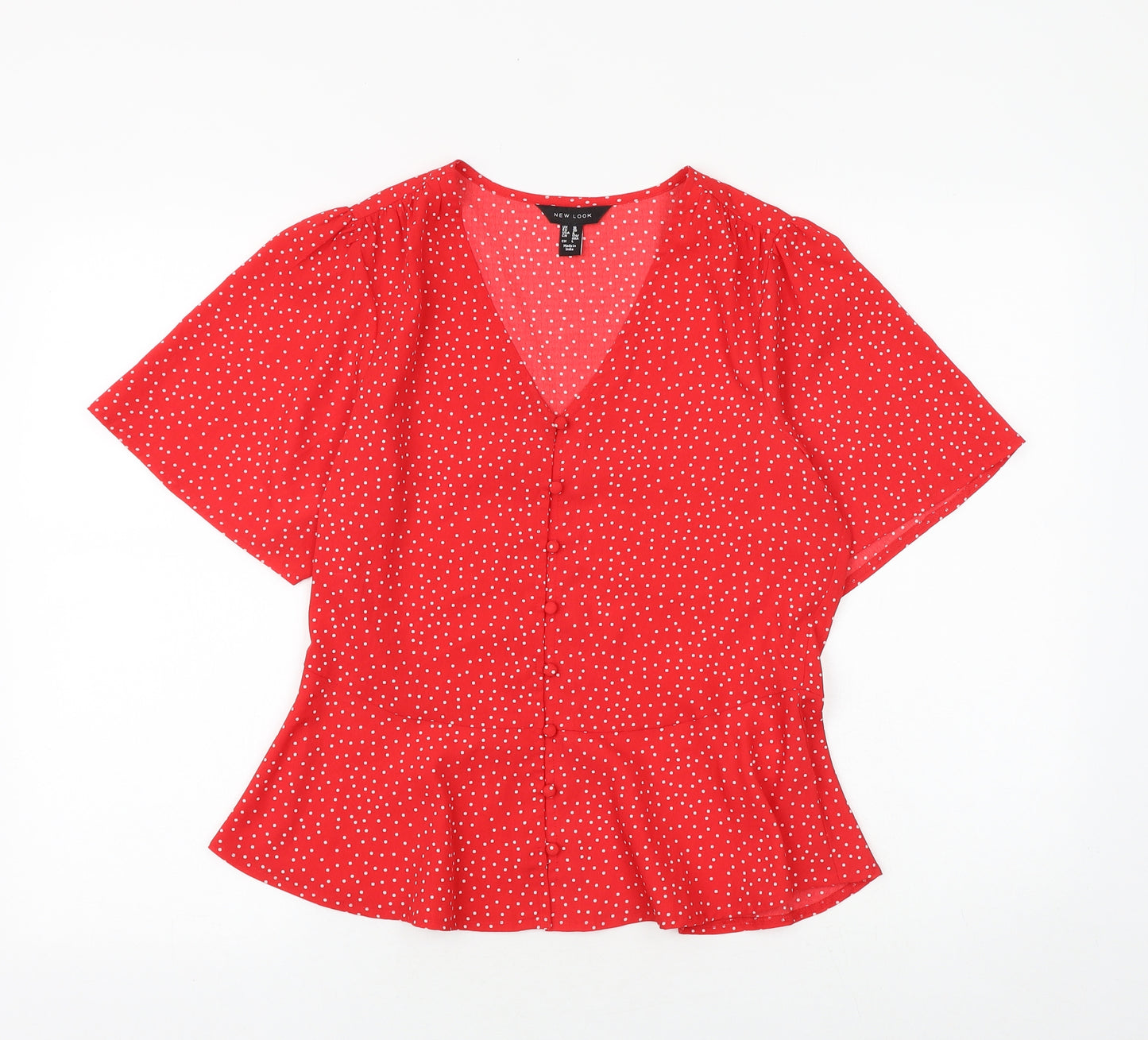 New Look Womens Red Geometric Polyester Basic Blouse Size 10 V-Neck