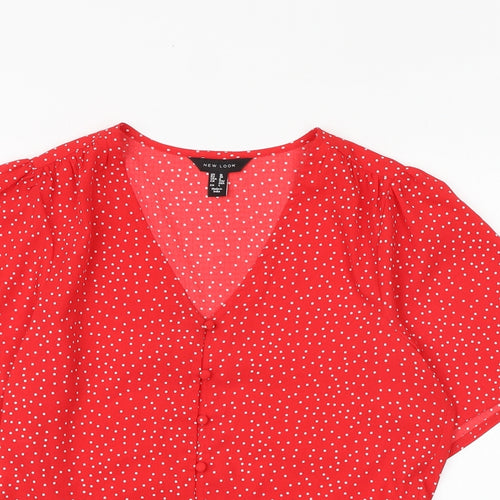 New Look Womens Red Geometric Polyester Basic Blouse Size 10 V-Neck