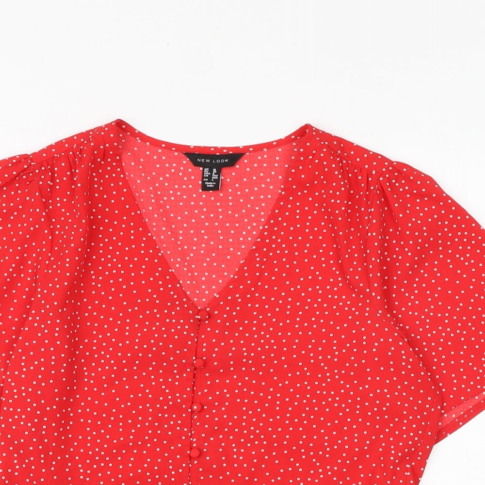 New Look Womens Red Geometric Polyester Basic Blouse Size 10 V-Neck