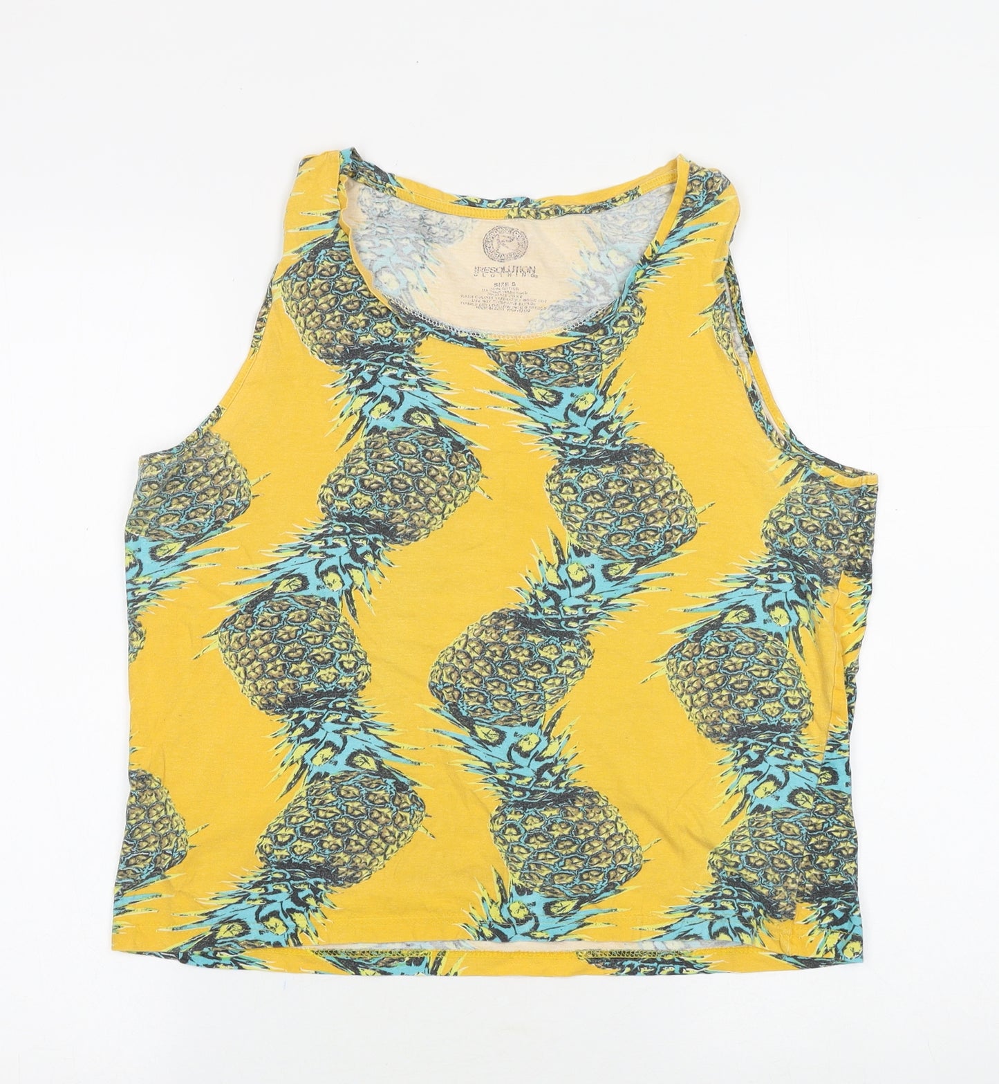 resolution Womens Yellow Geometric Viscose Basic Tank Size S Round Neck - Pineapple