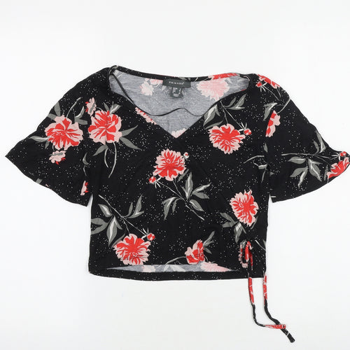 Primark Womens Black Floral Viscose Basic T-Shirt Size 6 V-Neck