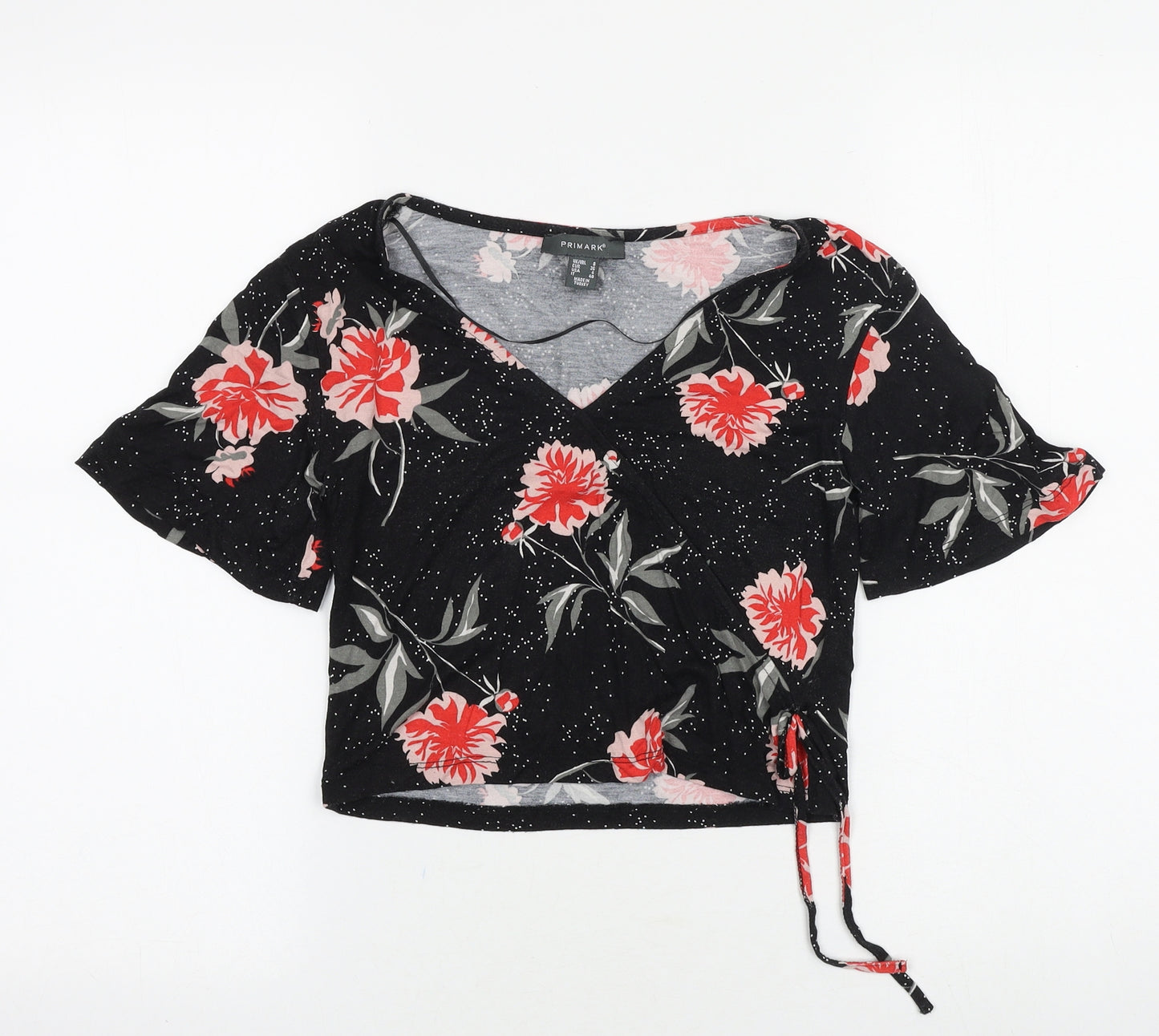 Primark Womens Black Floral Viscose Basic T-Shirt Size 6 V-Neck