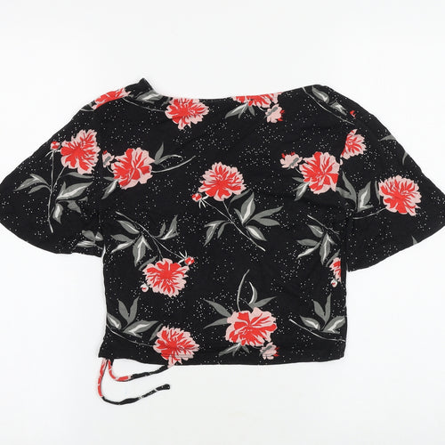 Primark Womens Black Floral Viscose Basic T-Shirt Size 6 V-Neck
