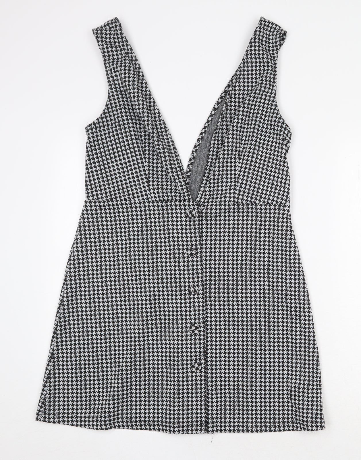 Primark Womens Black Herringbone Polyester Pinafore/Dungaree Dress Size 16 V-Neck Button