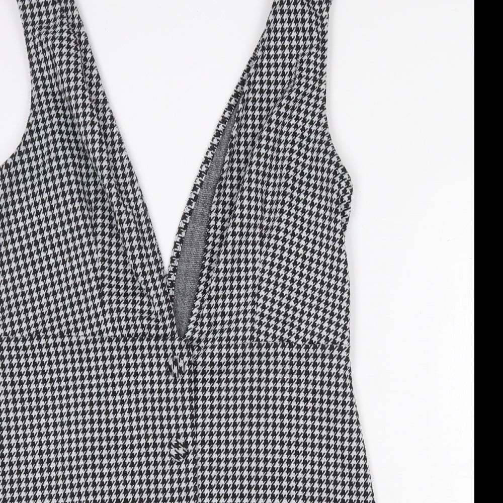 Primark Womens Black Herringbone Polyester Pinafore/Dungaree Dress Size 16 V-Neck Button