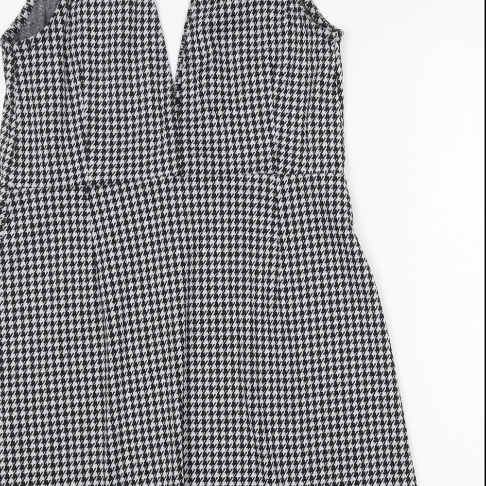 Primark Womens Black Herringbone Polyester Pinafore/Dungaree Dress Size 16 V-Neck Button