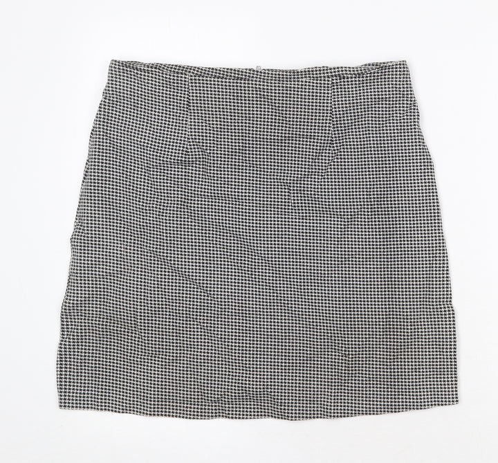 Joy Womens Black Geometric Cotton A-Line Skirt Size L Zip - Houndstooth Pattern