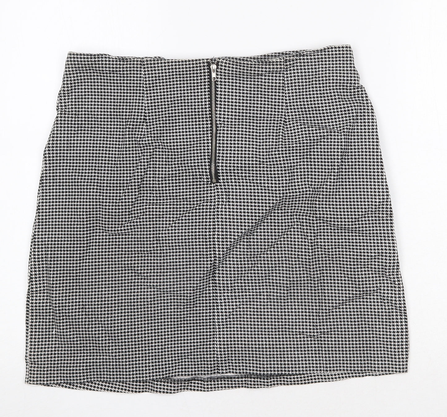 Joy Womens Black Geometric Cotton A-Line Skirt Size L Zip - Houndstooth Pattern