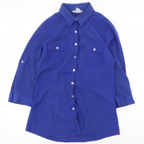 H&M Womens Blue Polyester Basic Button-Up Size 6 Collared