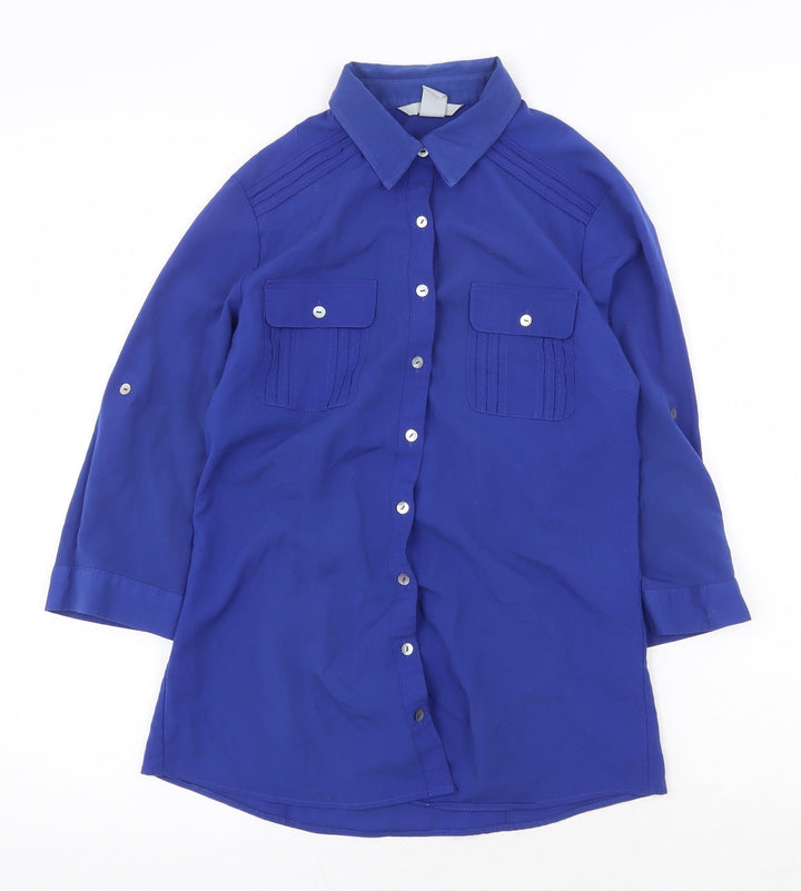 H&M Womens Blue Polyester Basic Button-Up Size 6 Collared