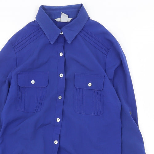 H&M Womens Blue Polyester Basic Button-Up Size 6 Collared