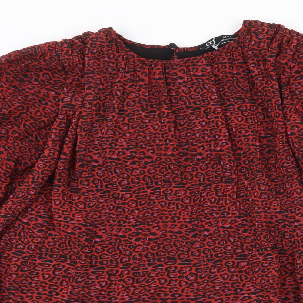 Zara Womens Red Geometric Polyester Basic Blouse Size XS Round Neck